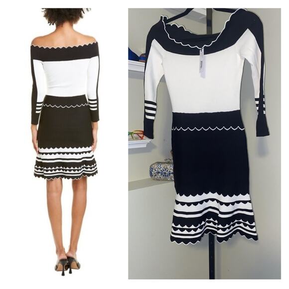Yigal Azrouel Inc Black & White Striped Off Shoulder Knit Dress - Picture 2 of 14